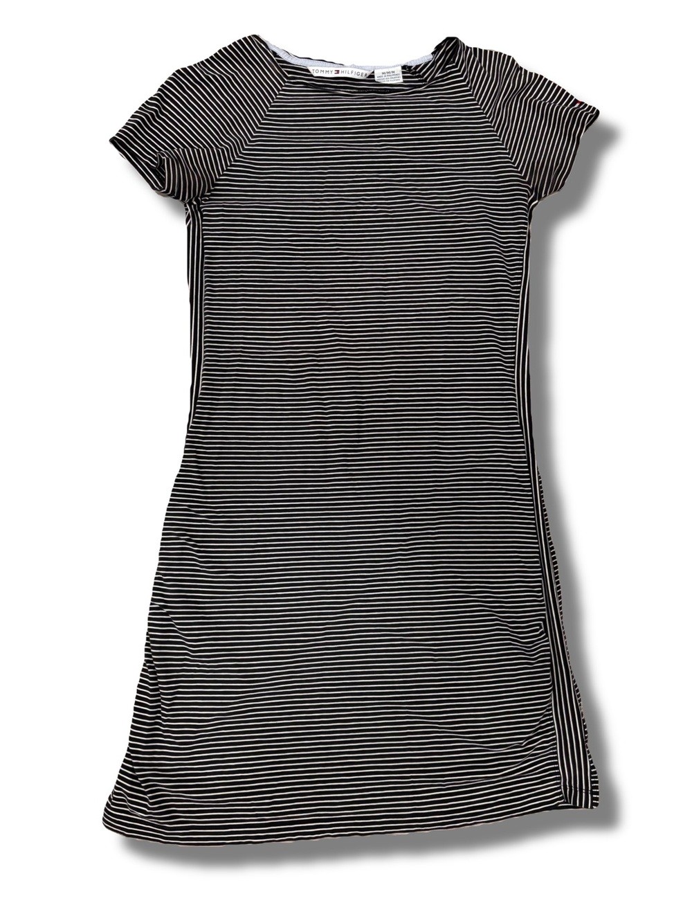 Tommy Hilfiger Womens Black White Striped Knit T-Shirt Dress Crew Neck Stretch M